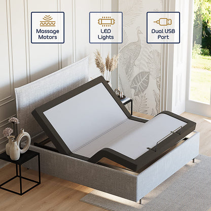Nestl Adjustable Bed Frame, Zero clearance Adjustable Massage Bed Frame with Wireless Remote, Adjustable Bed Base Head & Foot Massage, Fast & Easy Assembly, USB Ports, LED Light, King Size Bed Frame