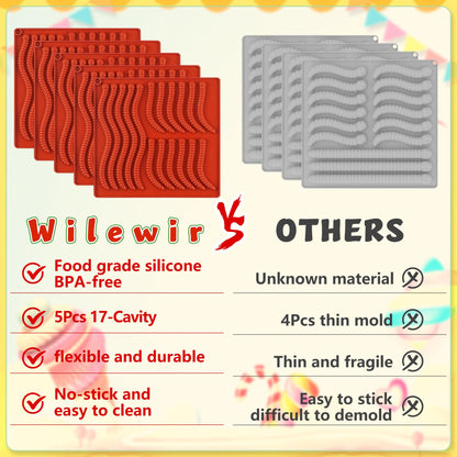 Wilewir 7Pcs Gummy Worm Molds Silicone for Gummies Candy, Worm Gummy Candy Chocolate Molds Silicone for Candy