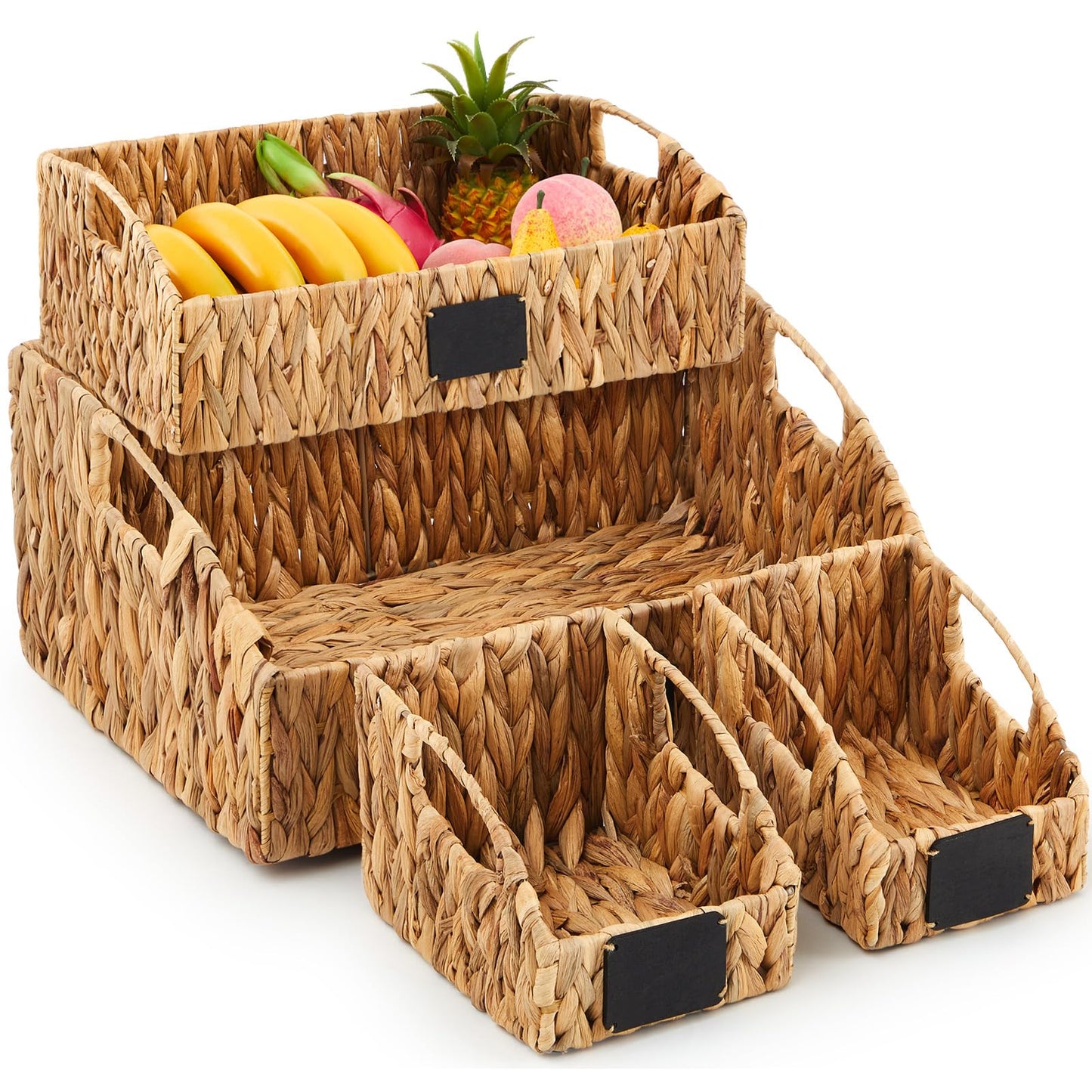 Wonderjune 4 Pcs Water Hyacinth Storage Basket Set Boho Wicker Rattan Pantry Basket with Chalkboard Label Handles Woven Container Kitchen Laundry Large Small for Shelves Food Home Bathroom Decor