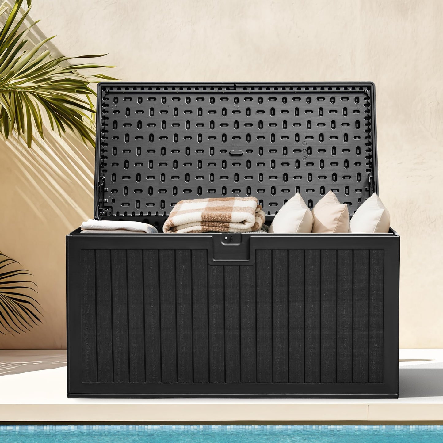 DWVO 260 Gallon Resin Outdoor Storage Box, XXL Double-Wall Waterproof Deck Box with Divider, Doubles as Table or Seating with 1000 lbs Capacity, Lockable (Black)