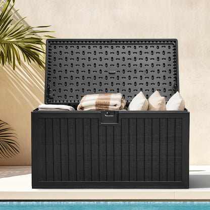 DWVO 260 Gallon Resin Outdoor Storage Box, XXL Double-Wall Waterproof Deck Box with Divider, Doubles as Table or Seating with 1000 lbs Capacity, Lockable (Black)