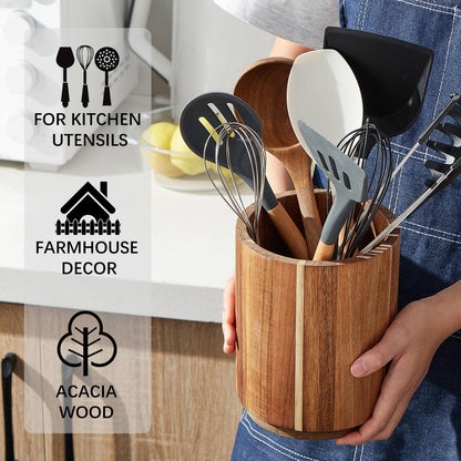 LOHONER Acacia Wood Utensil Holder, 360° Rotating, Large Countertop Organizer, Farmhouse Kitchen Decor