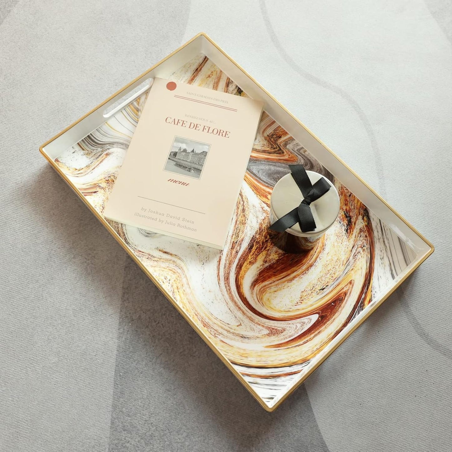 15.7"* 10.2"* 1.38" White Marbling Decorative Tray with Handles, Morden Plastic Rectangular Serving Tray for Coffee