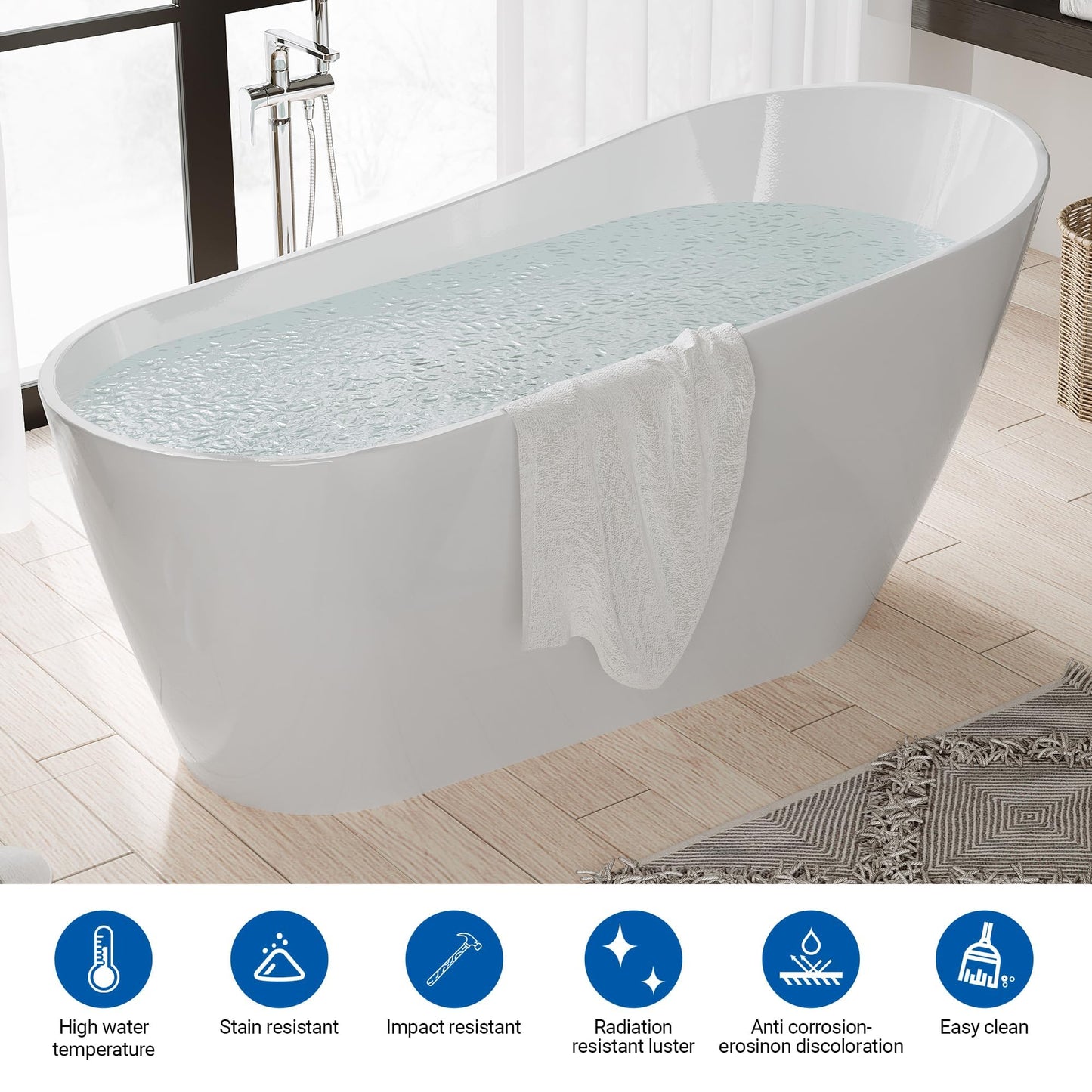 67 Inch Freestanding Bathtubs, Acrylic Free Standing Tub, Integrated Overflow Design, Luxury Freestanding Bathtub for Contemporary Home
