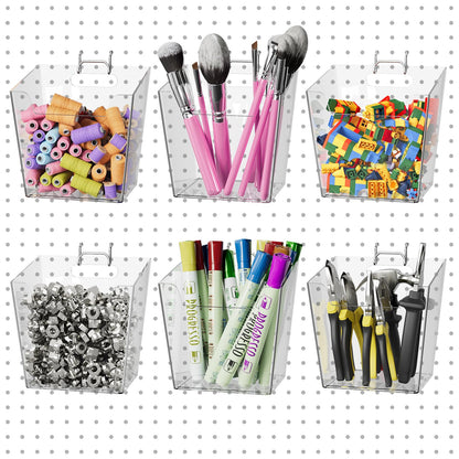 G.CORE Large Pegboard Cups Peg Board Storage Bin 6 Pack with Hooks, Square Box Shape Pegboard Cup Holder Accessories for Garage Workbench/Craft Room/Office/Playroom/Home Kitchen Organization (Clear)