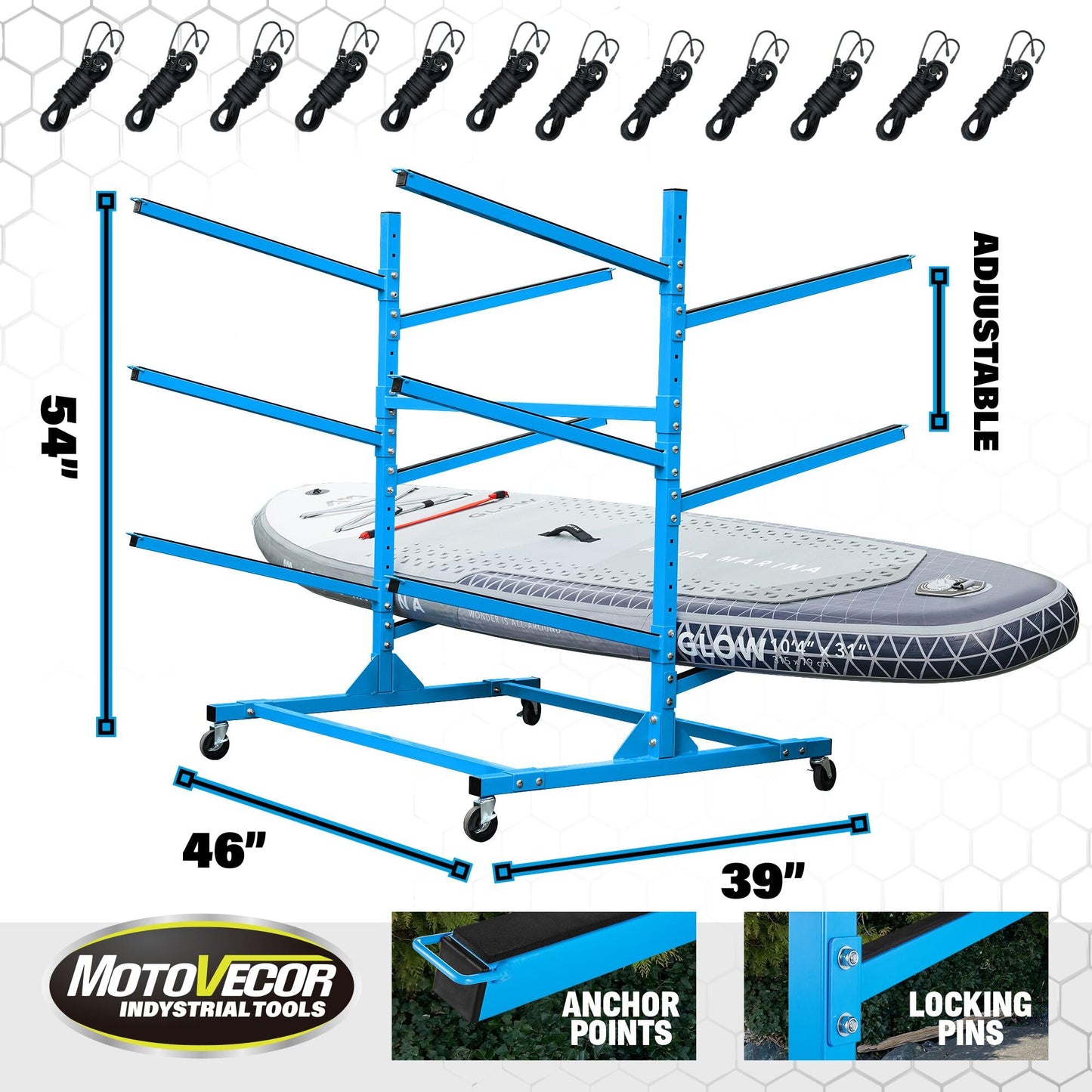 Indoor Outdoor Kayak Storage Rack with Lockable Wheels, Heavy Duty Adjustable Metal Stand for 6 Kayaks, Canoe, Paddle Board, SUP, Surfboard, Movable Metal Kayak Stand for Garage and Outdoor Storage
