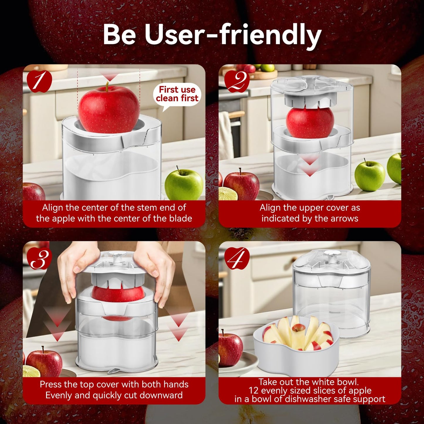 NEW Professional Apple Slicer and Corer 6.42in- Stainless Steel Apple Cutter with 12 Slices, Heavy Duty Design for Large Apples, Thin Slices, Compatible with Pears and Other Fruits（White）
