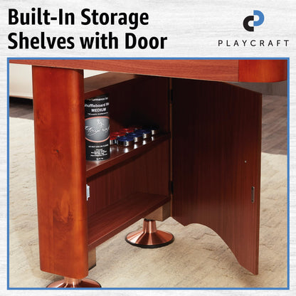 Playcraft Woodbridge Shuffleboard Table with Storage Cabinet - Shuffle Board Game Table Set with Matching Abacus, 8 Pucks, Brush & Wax (Made in USA) - Pro Style Climate Adjusters - Cherry - 12ft