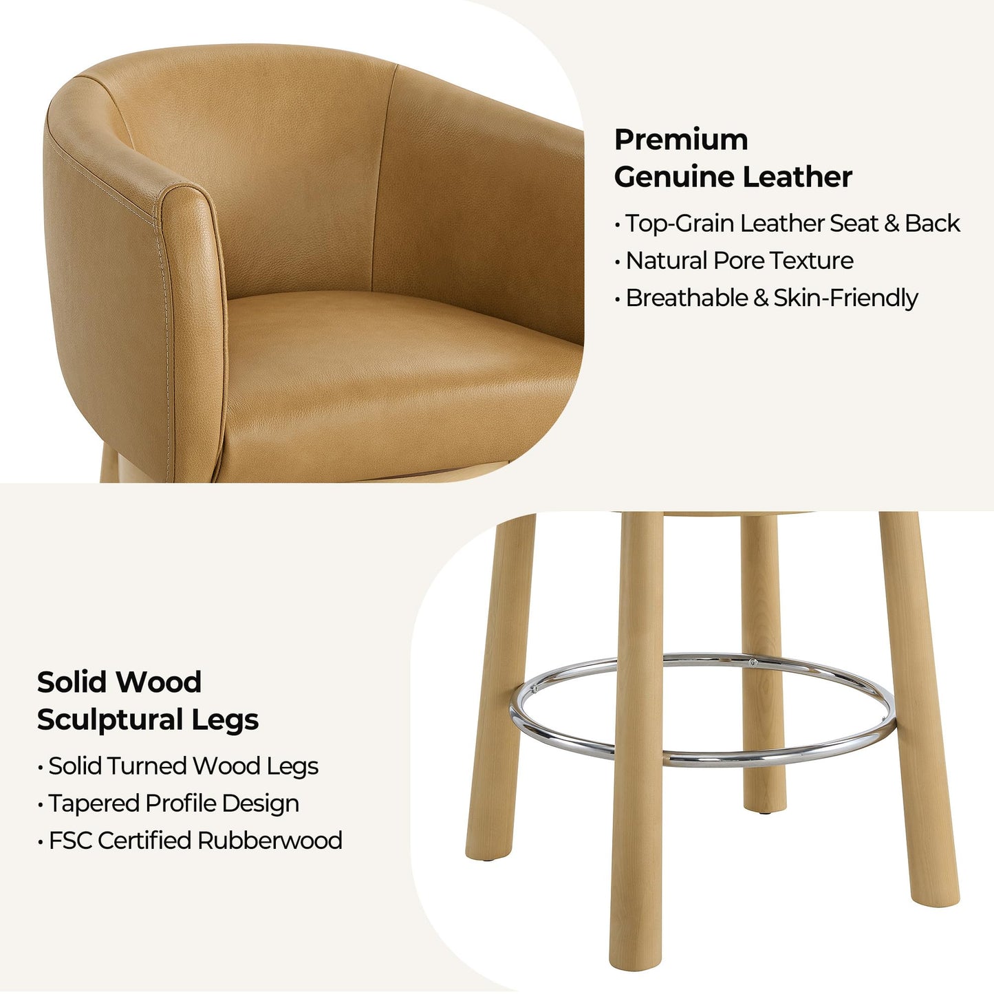 CHITA Genuine Leather Swivel Bar Stool, Modern Counter Height Bar Stools with Arms, Solid Wood Turned Legs, Upholstered Barstools for Kitchen Island, 26" Seat Height