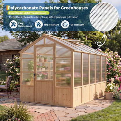 Wooden Greenhouse Kit with 4mm Polycarbonate Panels & 2 Adjustable Ventilation - Heavy Duty Wood Large Outdoor Greenhouse with Lockable Door for Garden, Backyard, Patio, Lawn Walk-in Green House