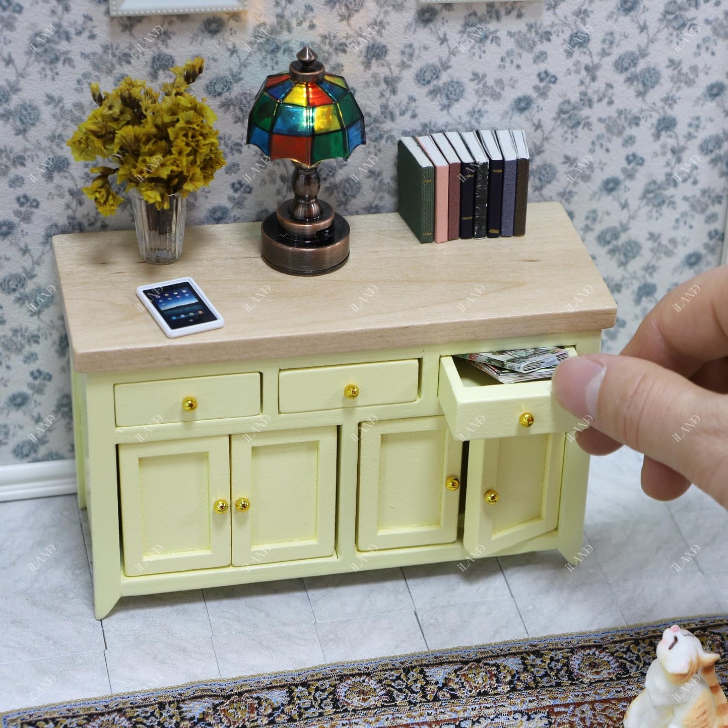 iLAND Dollhouse Furniture Miniature Cabinet for 1:12 Scale Accessories Wooden Dollhouse Kitchen Furniture Mini House Modern Décor Storage Cabinet with Drawers Classic Cupboard for Living Room Bedroom