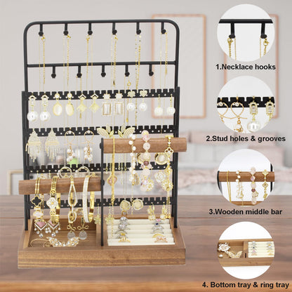JONKASIPA Jewelry Holder Organizer Stand 4-Tier Necklace Stand Earring Holder with Wooden Tray, Jewelry Rack for Bracelets Watches and Rings Display Stand, Gifts for Women & Girls-Black