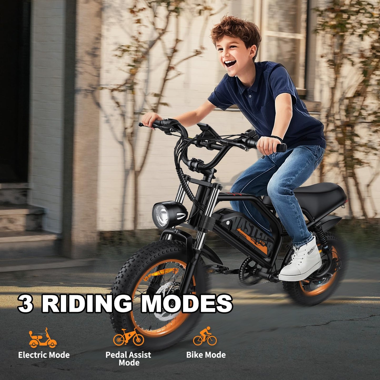 AVDLBIKE Electric Bike, 16'' Fat Tire eBike for Teens/Adults, 500W E-Bike with 36V/12.8Ah Removable Battery, 20MPH 45 Mile Range Commuting Electric Mountain Bike with Dual Dual Brakes-Orange A13