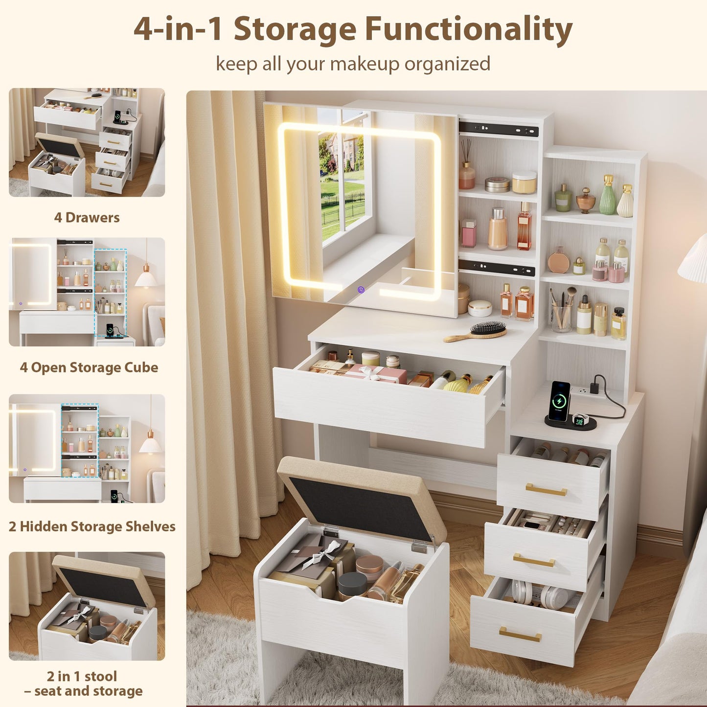 IDEALHOUSE Vanity Desk with Mirror and Lights, Vanity Table and Chair Set with 4 Drawers and Charging Station, Dresser LED Sliding Mirror with 3 Color Modes Adjustable Storage Shelves, White