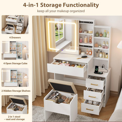 IDEALHOUSE Vanity Desk with Mirror and Lights, Vanity Table and Chair Set with 4 Drawers and Charging Station, Dresser LED Sliding Mirror with 3 Color Modes Adjustable Storage Shelves, White