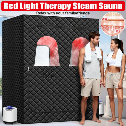 iTHERAU 2 Person Infrared Sauna Box for Home, Portable Steam Sauna Room with 660nm＆850nm Red Light Therapy Lamp, 5-Layer Waterproof, 2 Steamers, 2 Folding Chair