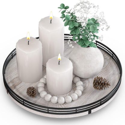 12" Farmhouse Lazy Susan for Kitchen & Coffee Table Decor Rustic Whitewashed Wood Tray with Black Metal Frame