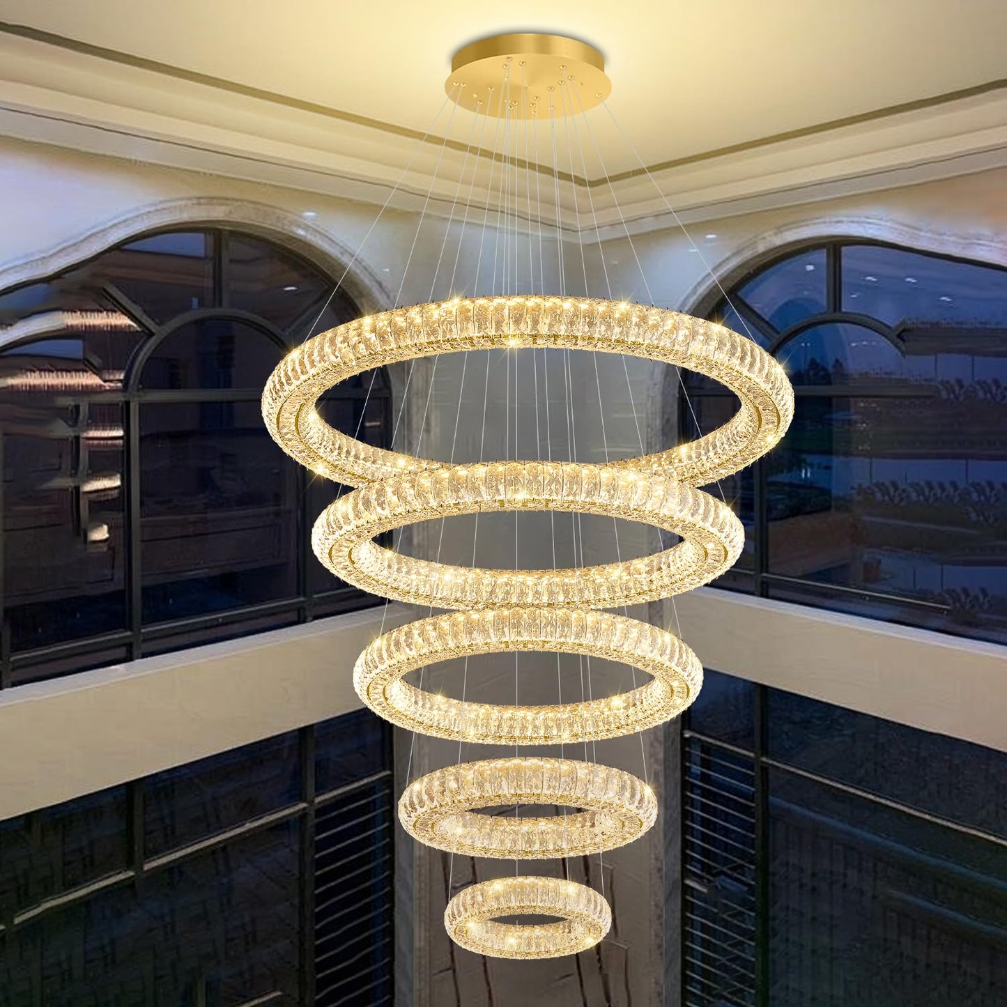 IDEQUY Large Gold Ring Chandelier for High Ceiling Modern Long Crystal Chandelier Lighting, Dimmable LED Ceiling Chandeliers,5 Ring D8‘’+15.7‘’+23.6‘’+31.5‘’+39.4''
