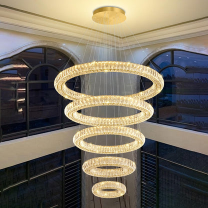 IDEQUY Large Gold Ring Chandelier for High Ceiling Modern Long Crystal Chandelier Lighting, Dimmable LED Ceiling Chandeliers,5 Ring D8‘’+15.7‘’+23.6‘’+31.5‘’+39.4''