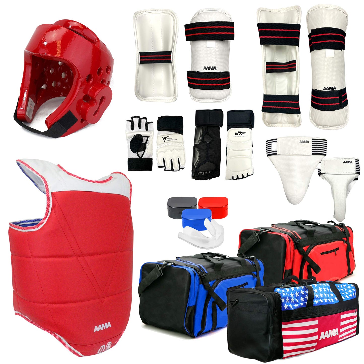 AAMA Complete Taekwondo Sparring Protective Gear Equipment Set w/Shin, Hand, and Foot Guard - Red