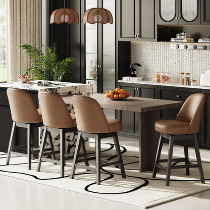 MALOL Swivel Bar Stools Set of 4, PU Leather Mid Century Mondern Barstools, 26 inch Counter Height Bar Chairs with Solid Back and Wood Legs, for Kitchen Island，Brown