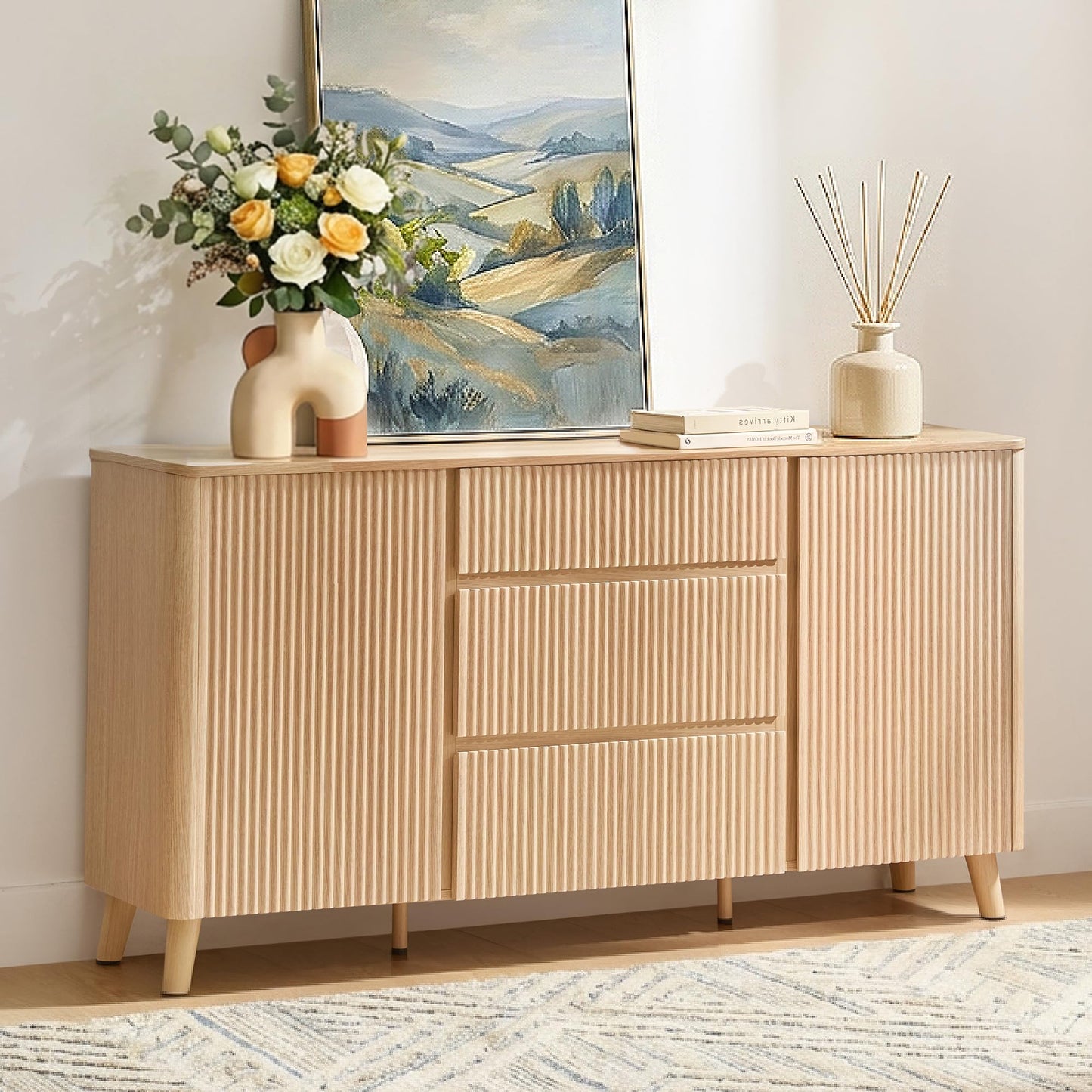 CHITA 62" Sideboard Buffet Cabinet with Storage, Fluted Cabinet with Drawers, Natural Oak