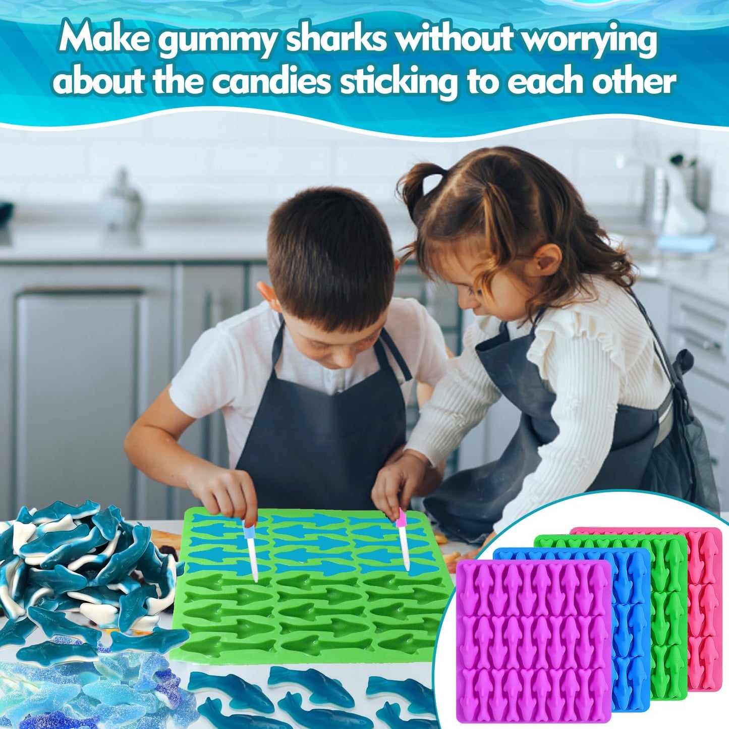 Palksky Gummy Sharks Molds Silicone, 4 Pack 30 Cavity Mini Sharks Candy Molds,3D Small Blue Shark Gummies Mold, Candy Making Supplies for Candy/Friut Snack