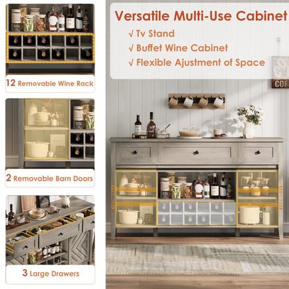 IDEALHOUSE 59'' Farmhouse Buffet Cabinet with Sliding Barn Door, 33.4'' Tall Wood Rustic Sideboard with 3 Drawer, Adjustable Shelf and Removable Wine Rack for Dining Room, Kitchen, Vintage