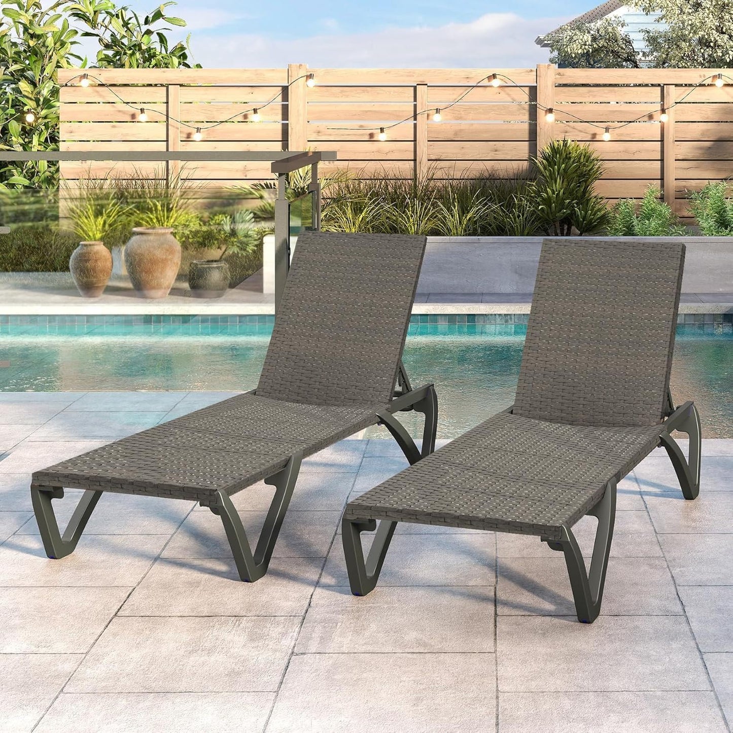 Geelife Pool Lounge Chairs Set of 2 - Rattan Wicker Adjustable Outdoor Chaise Lounge with Wheels - 5 Adjustable Positions - Deck Lawn Patio Backyard - Outdoor Ready