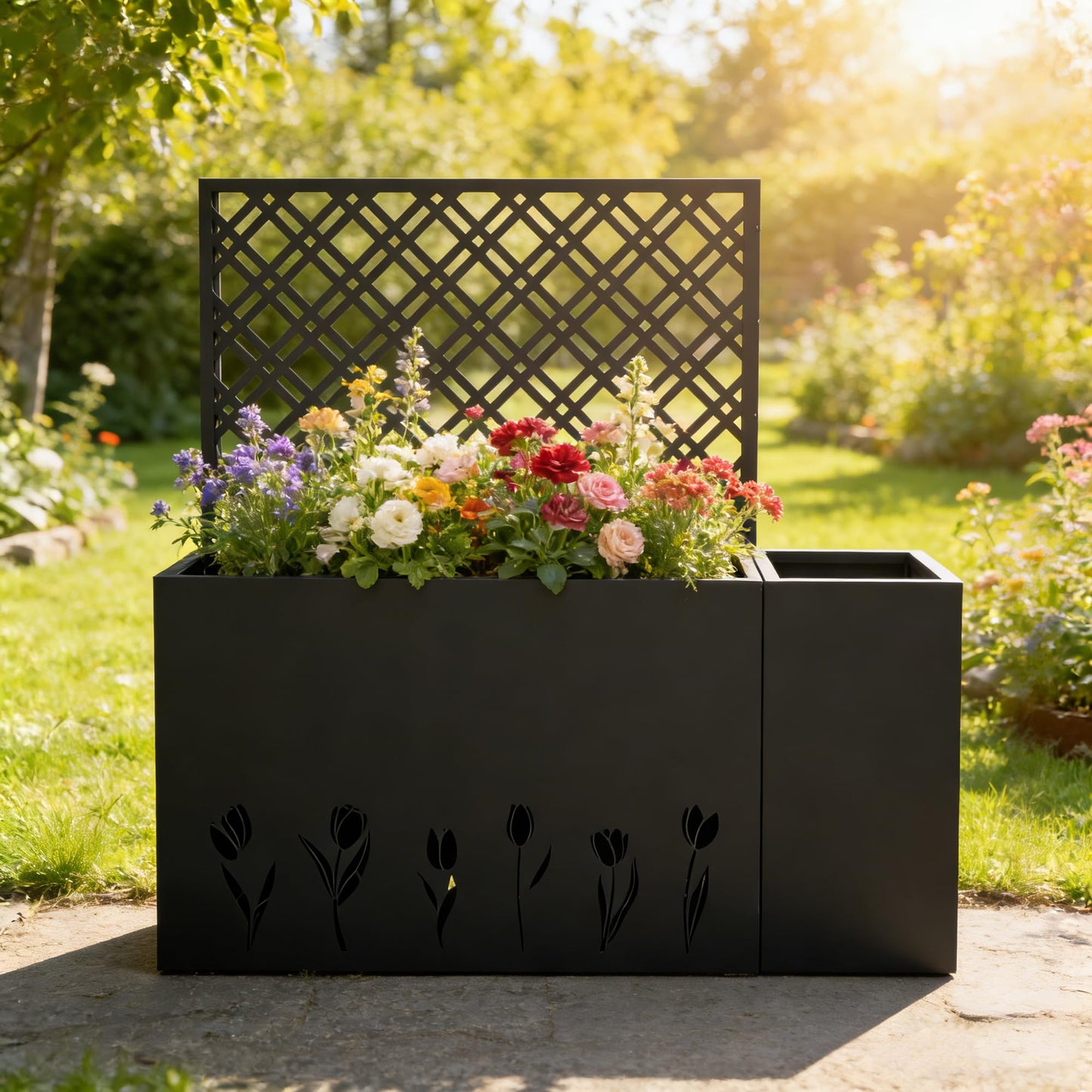 Pasirou 2-Piece Metal Planter Box with Trellis- 23.6in Depth Raised Garden Bed for Outdoor Indoor Use, Galvanized Steel Flower Planter with Drainage Holes