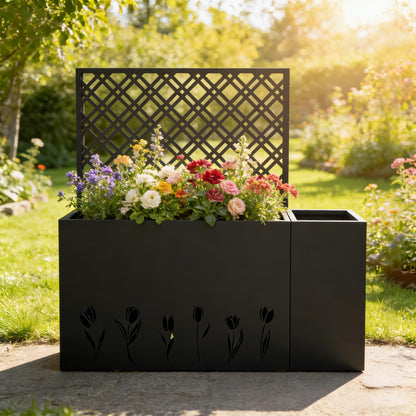 Pasirou 2-Piece Metal Planter Box with Trellis- 23.6in Depth Raised Garden Bed for Outdoor Indoor Use, Galvanized Steel Flower Planter with Drainage Holes