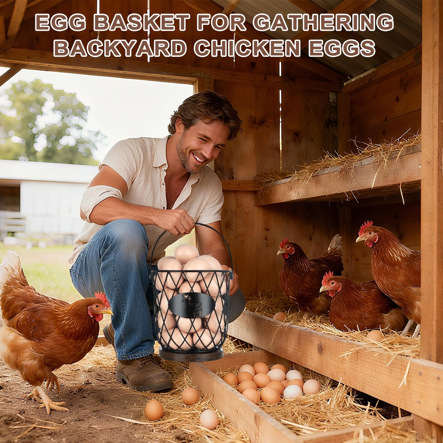 AOOHOOA Egg Basket for Gathering Fresh Eggs, Round Egg Collecting Basket with Handle, Egg Holder Countertop Decor & K-Cup Organizer (Metal)