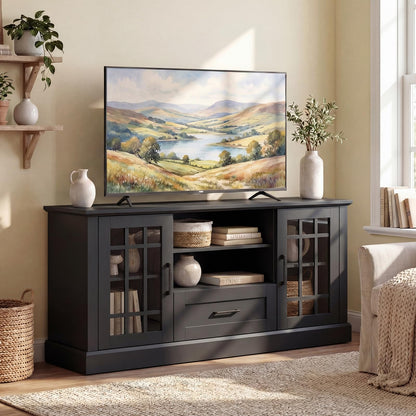 Giantex Farmhouse TV Stand for 65/70 Inch TV, Tall Entertainment Center with Storage Cabinets, Glass Doors, Drawer, Removable Shelves, Media TV Console Table for Living Room, Bedroom (Black)