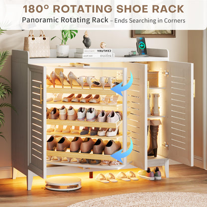 Vlsrka 6 Tier Shoe Storage Cabinet with Shutter Doors and Adjustable Shelves, Rotating Shoe Organizer Cabinet with Human Sensor Lighting, Wooden Shoe Cabinet for Entryway, Hallway, Living Room, White