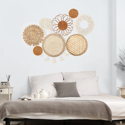 Marsui Set of 8 Boho Wall Hanging Set - Woven Rattan, Bamboo Baskets with Macrame Tassels & Tapestry for Bedroom, Living Room, Nursery Decor
