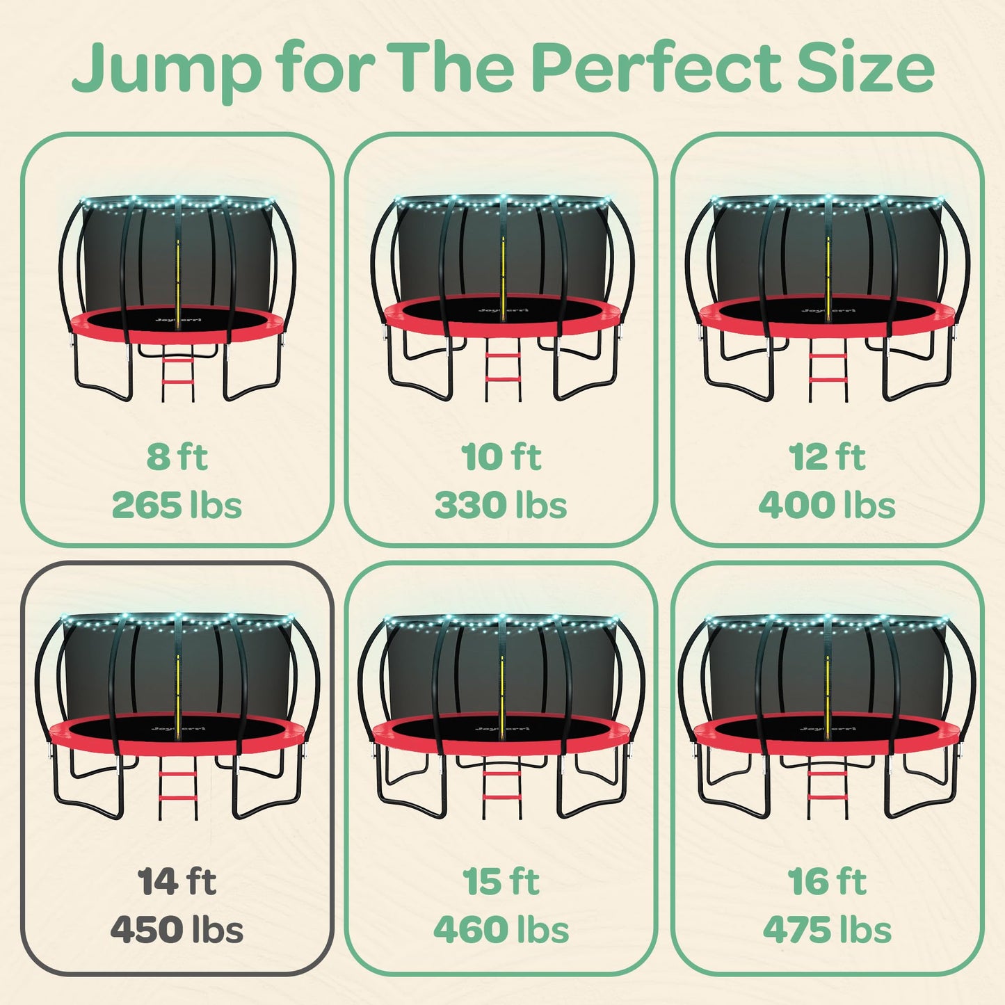 JoyBerri Trampoline Outdoor - Upsurge ASTM Certified Safe 8Ft 10Ft 12Ft 14Ft 15Ft 16Ft Recreational Trampoline for Kids and Adults. Anti-Rust Coating with Enclosure Net, Ladder, Sprinkler & LED Lights