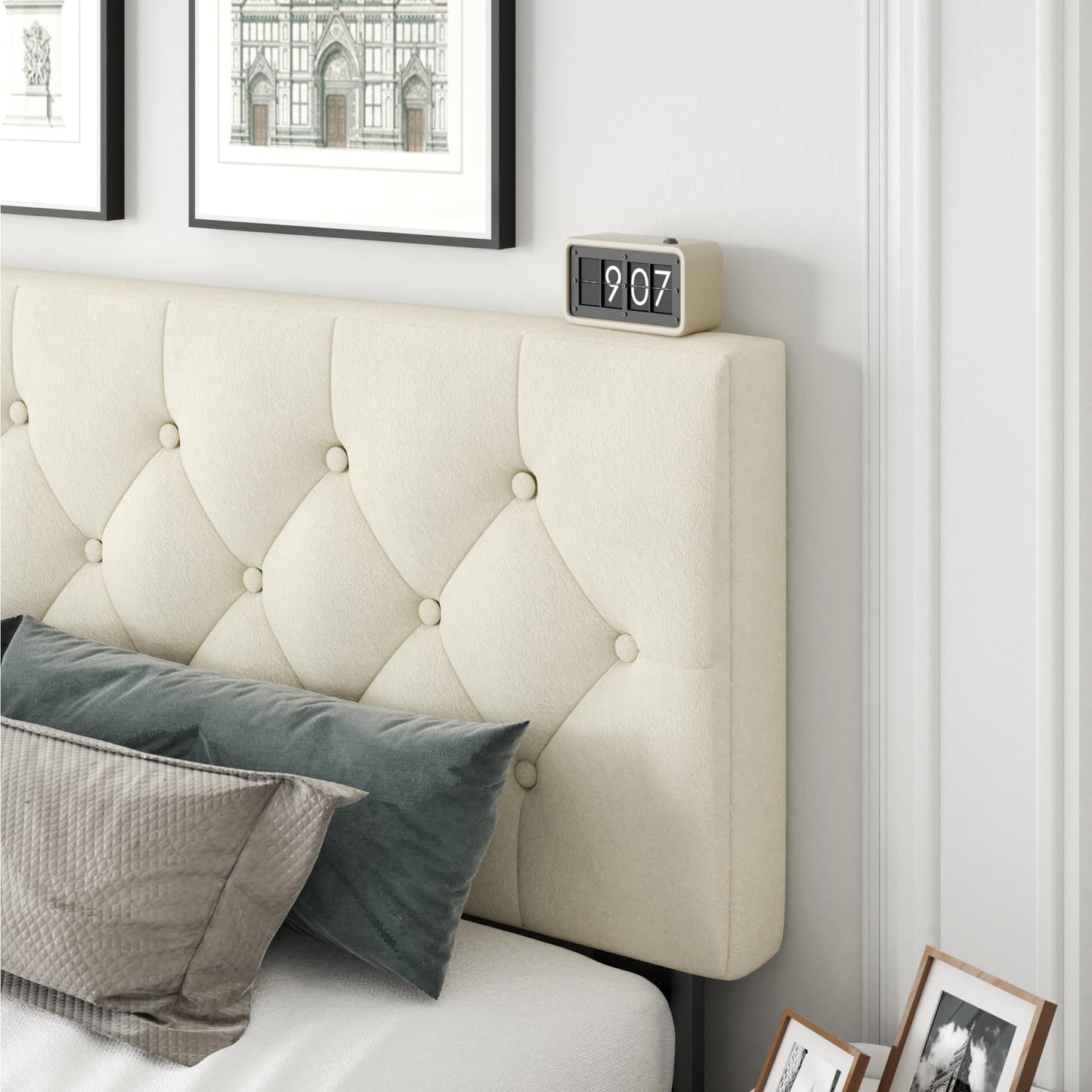 CXVX King Size Bed Frame with Upholstered Headboard, Button Tufted Design, Strong Wooden Slats, No Box Spring Needed, Easy Assembly, Noise Free