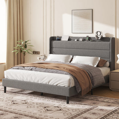 Lcwtvgxr King Size Linen Multifunctional Bed Frame, Wingback Headboard with Charging Station & Storage Shelf, Upholstered Platform Bed, Noise Free, No Box Spring Needed, Easy Assembly, Grey