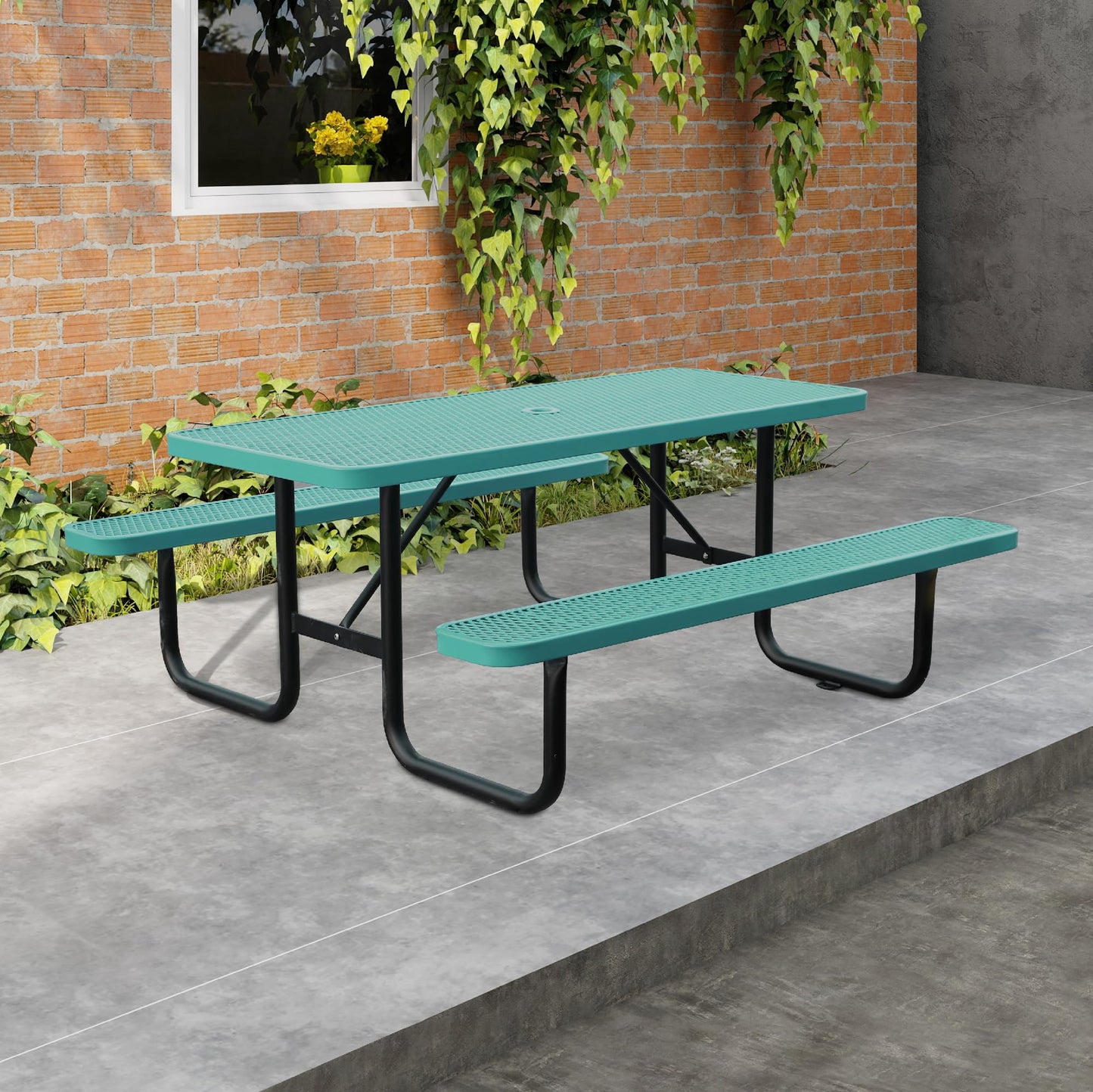 6FT Metal Picnic Tables for Outdoors, Commercial Rectangular Picnic Table and Bench Set for Outside, Patio, Garden, Backyard, Porch, Surface Mount, Green