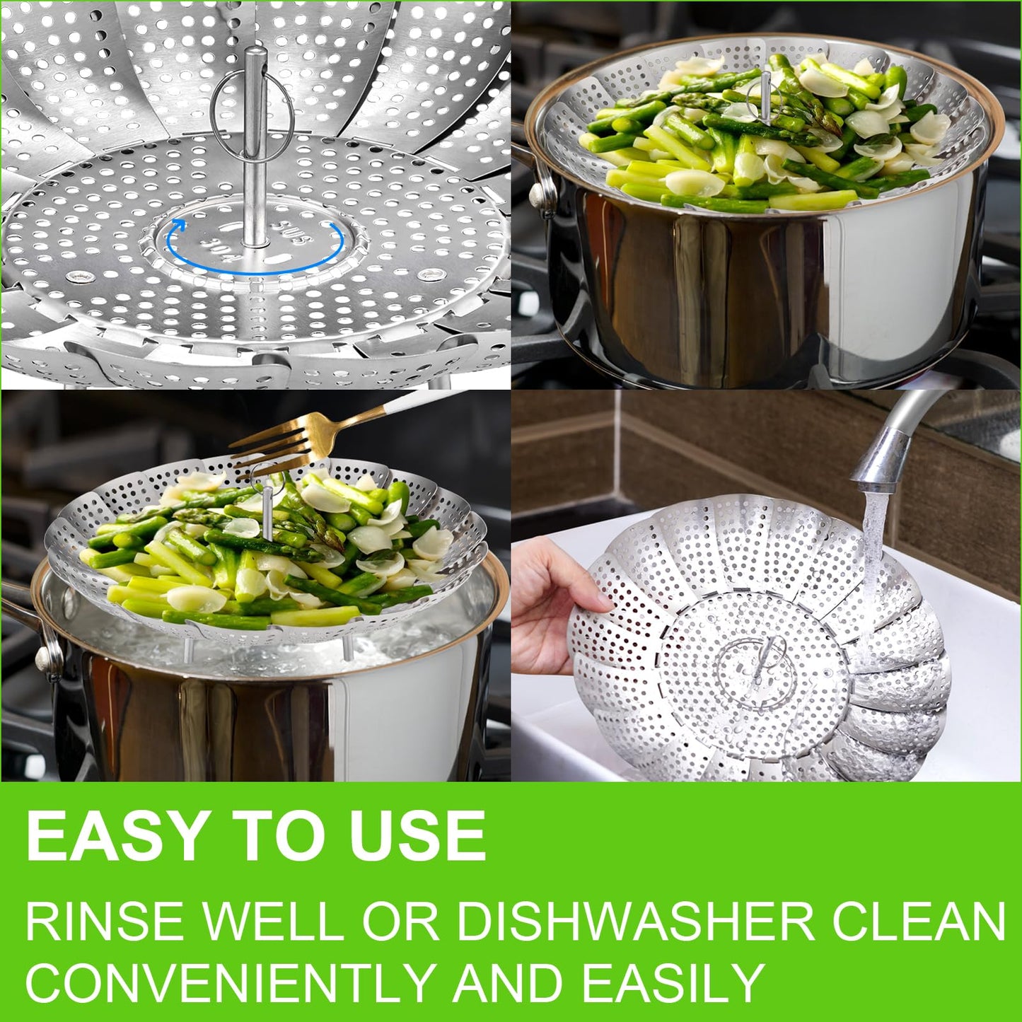 Vegetable Steamer Basket for Cooking, Stainless Steel Veggie Fish Food Steamer Basket, Folding Expandable Steamers to Fit Various Size Pot