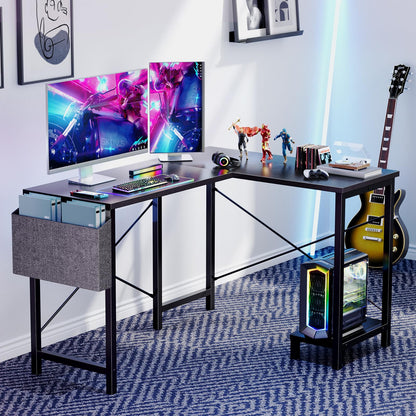 Sweetcrispy L Shaped Desk - Computer Desk Corner Desks Gaming Desk PC Table with CPU Stand Side Bag for Home Office Dorm Sturdy Writing Workstation, Black, 50-Inch