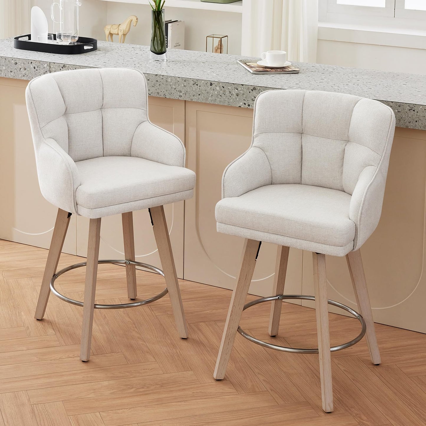 SAECKBERG 360°Swivel Counter Height Bar Stools with Back, 26 inch Solid Wood Legs, Bar Stool Modern Kitchen Island Chairs, Fabric (Beige- Fabric, 26" H- Set of 2)