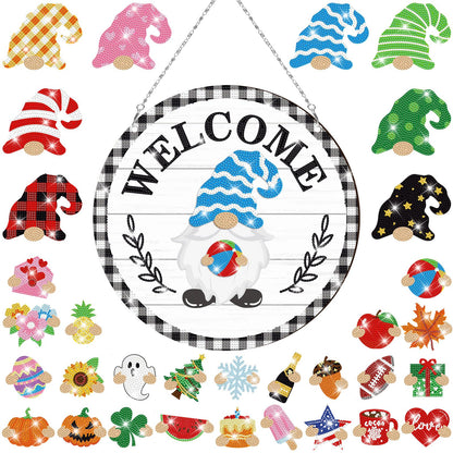 DoubleFill 33 Pcs Magnetic Diamond Art Set Interchangeable DIY Gnome Diamond Painting Decor Detachable Welcome Sign Seasonal Door Hanger Gnome Party Decorations Gift for Home Wall Front Door(Stylish)