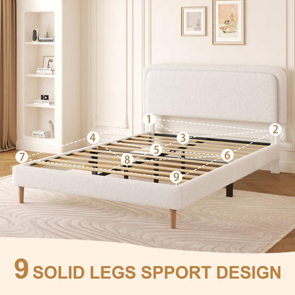 viplov Queen Size Boucle Upholstered Platform Bed Frame with Adjustable Headboard, Soft Cloud Bed, No Box Spring Needed, Noise Free, Easy Assembly, White