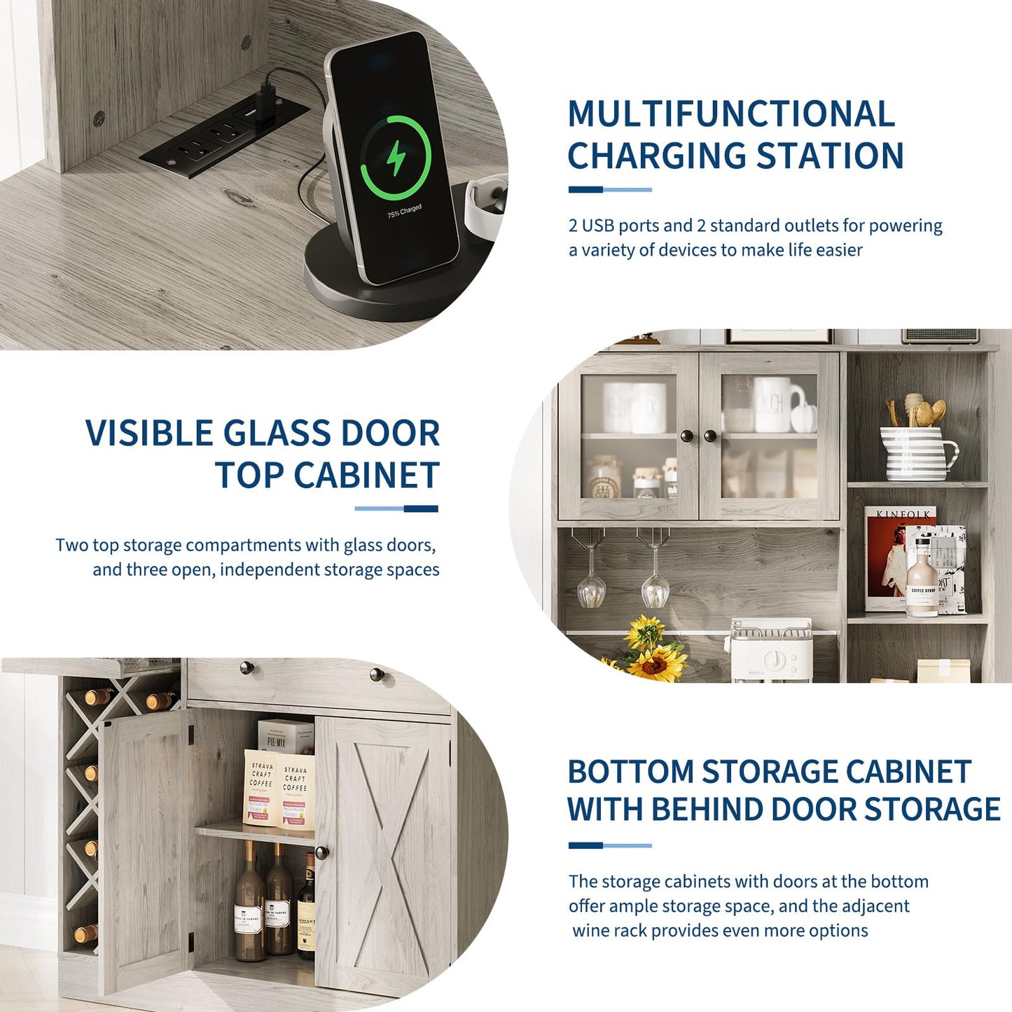 IDEALHOUSE 72 Inch Tall Kitchen Pantry Cabinet with Power Outlet - Wine Bottle Rack, Barn Doors, Ample Storage, Modern Sideboard Buffet for Dining Room, Kitchen, or Home Bar