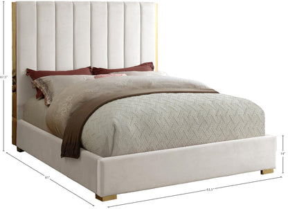 Meridian Furniture Becca Collection Modern | Contemporary Velvet Upholstered Bed with Deep Channel Tufting and Polished Gold Metal Frame, Cream, Full