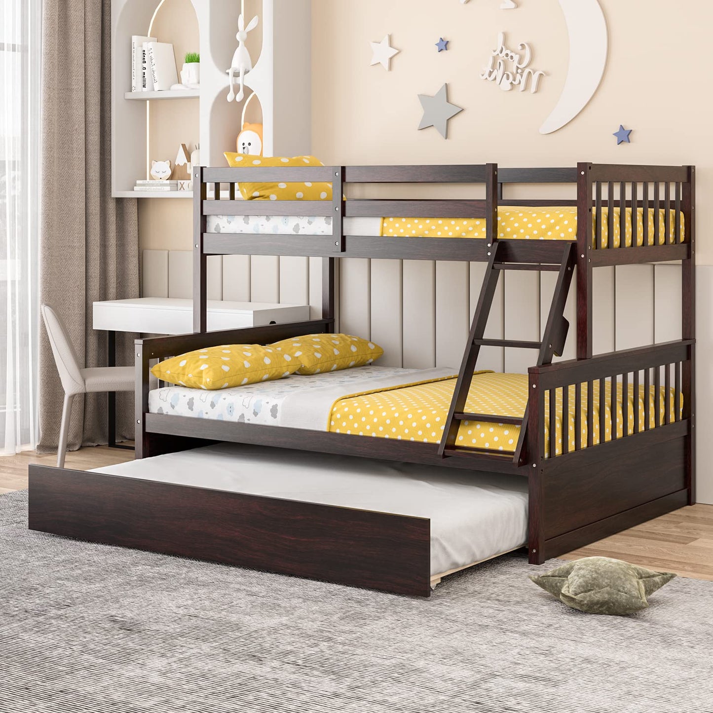 Giantex Twin Over Full Bunk Bed with Trundle, Convertible Platform Bed Frame with Ladder, Solid Wood Frame & Safety Guardrails, Space-Saving Bunk Bed for Teens & Kids, No Box Spring Needed, Espresso