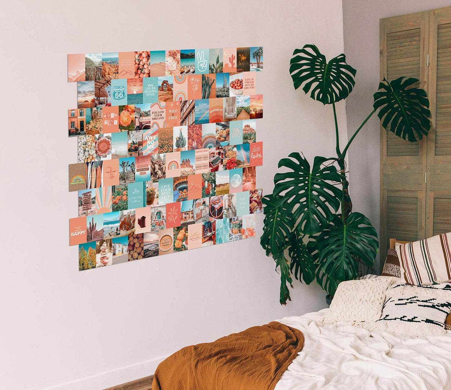 Peach Aesthetic Wall Collage Kit, Room Decor for Teen Girls, Peachy Teal Wall Art Print, Dorm Photo Collection, Boho Posters for Room Aesthetic… (Peach 100 Set)