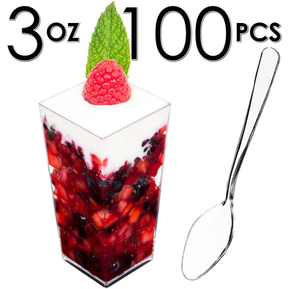 DLux 100 x 3 oz Mini Dessert Cups with Spoons, Square Tall - Clear Plastic Parfait Appetizer Cup - Small Reusable Serving Bowl for Party Desserts Appetizers - with Recipe Ebook