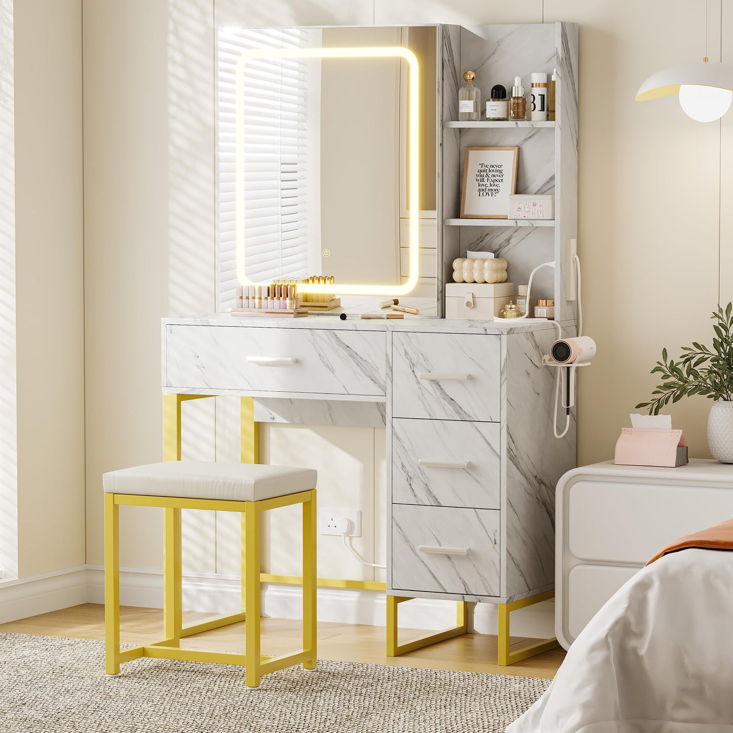 57'' Large Vanity Desk with Mirror & Lights, Makeup Vanity Table with Charging Station,
